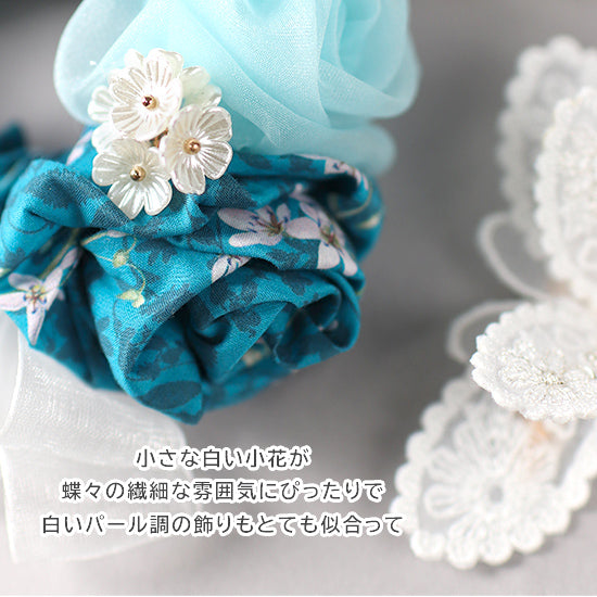 【数量限定】リストレットやバッグチャームにも★巻きバラお花シュシュ パール付:リバティプリント花柄