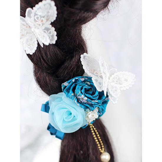 【数量限定】リストレットやバッグチャームにも★巻きバラお花シュシュ パール付:リバティプリント花柄