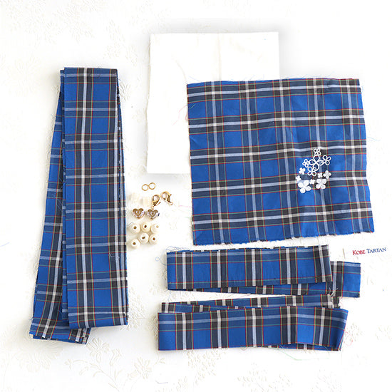 【材料キット:刺繍生地入り】神戸タータン「ギャザーリボンマスク+マスクストラップ」